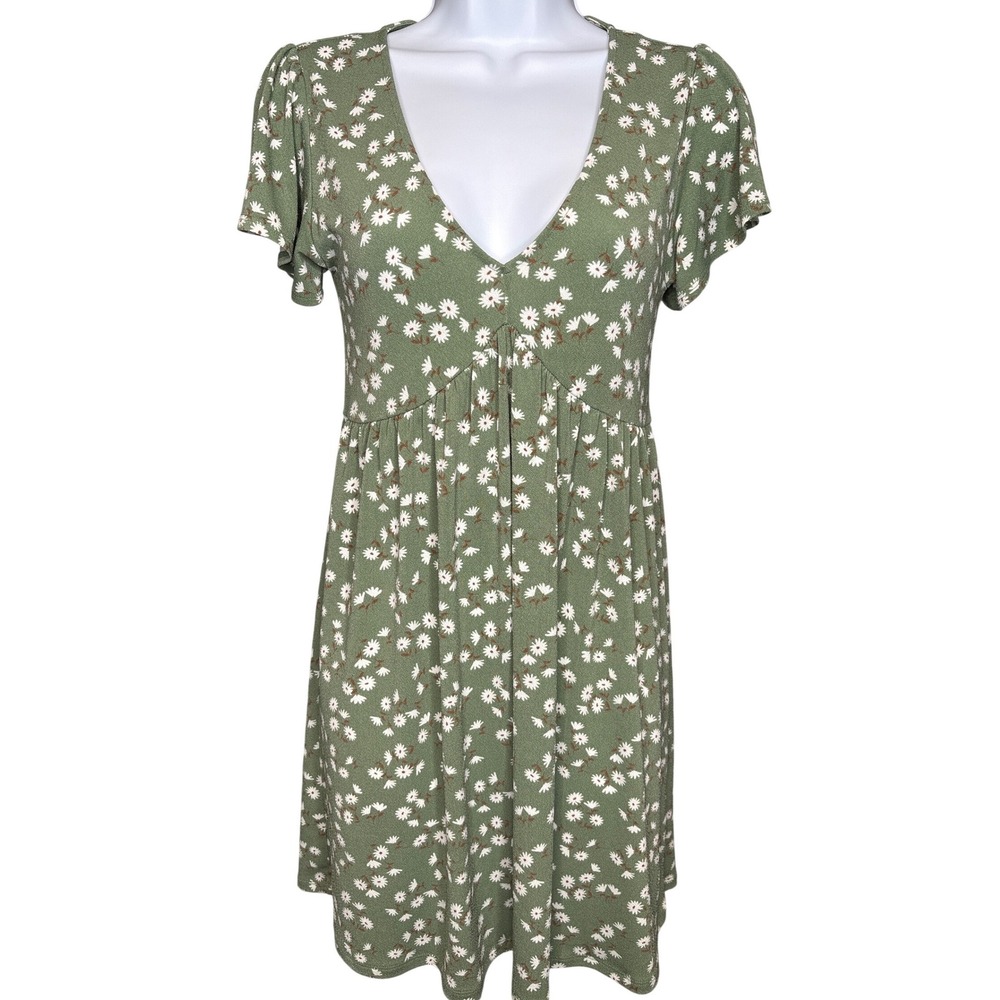 Aeropostale Women Green Floral Babydoll Dress S Excellent Flutter Sleeve V-Neck